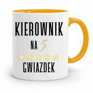 KUBEK ŻÓŁTY DLA KIEROWNIKA KIEROWNIK NA 5 GWIAZDEK z Nadrukiem ze Zdjęciem