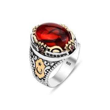 Pressed Fire Amber Men's Ring -Turkish Handcrafted Luxury Silver Band