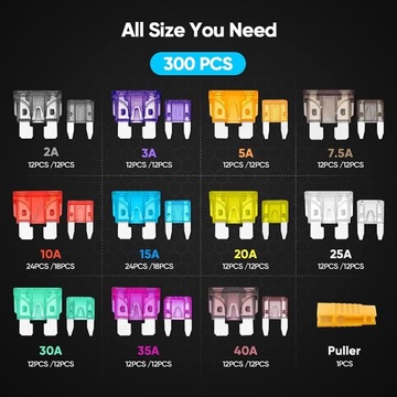 Набор из 140 пластинчатых предохранителей.