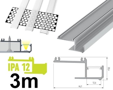 PROFIL LED GK DO TAŚM LED KRAWĘDZIOWY SUFITOWY IPA12 SREBRNY 3m Z KLOSZEM