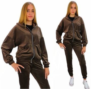 Czekoladowy welurowy dres z kapturem 140