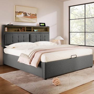 Aufun łóżko podwójne 160 x 200 cm, schowek z USB, gniazdko,szary