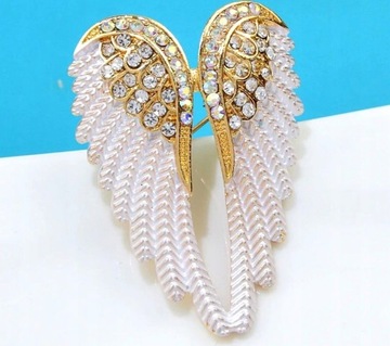Broszka białe skrzydła Anioła cyrkonie pin retro przypinka złota boho