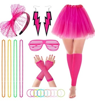 НАБОР НАРЯДОВ 1980-е НЕОНОВЫЕ СЕРЬГИ ОЖЕРЕЛЬЕ ЮБКА ДИСКО-ПЕРЧАТКИ 8в1