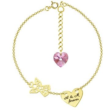 BRANSOLETKA ANIOŁEK SERCE GRAWER ZE SWAROVSKI 24K