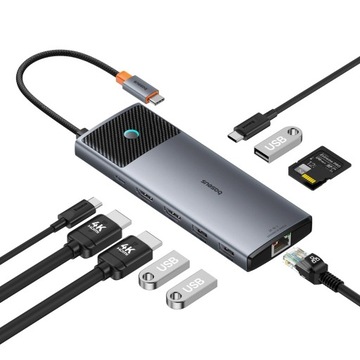 Adapter Hub 10w1 Baseus 2x HDMI, USB-C, 3xUSB-A+RJ45+SD/TF, PD (szary)