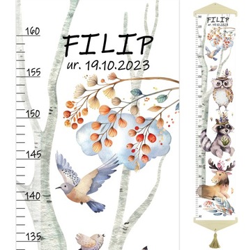 Miarka wzrostu na PŁÓTNIE Zwierzęta leśne III białe tło Imię Data