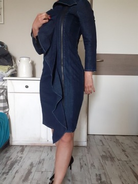 ARMANI JEANS DENIM DRESS ZIP BIKER RUFLLE S/M