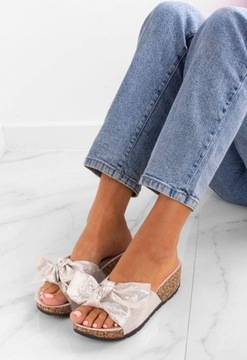 БЕЖЕВЫЕ ТАПОЧКИ С БАНТОМ НА ПРОБКОВОЙ ТЕЛЕЖКЕ 38