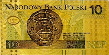 Красивая позолоченная коллекционная банкнота из ПВХ номиналом 10 злотых Mieszko I в ПОДАРОК