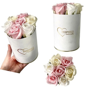 FLOWERBOX Z KWIATAMI MYDLANYMI PREZENT KWIATY RÓŻE MYDLANE WELUROWE PUDEŁKO
