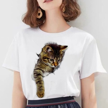 KOBIECA BIAŁA KOSZULKA T-SHIRT 3D KOTEK KOT M