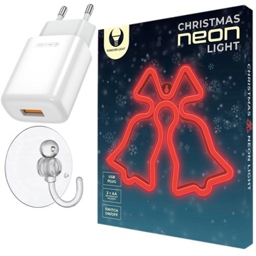 DZWONKI ŚWIĄTECZNE NEON LED NA ŚWIĘTA DUŻY XL + zasilacz