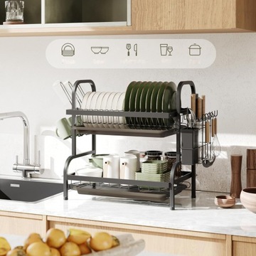 ДВУХУРОВНЕВАЯ ПОДСТАВКА ДЛЯ СУШКИ ПОСУДЫ, ЧЕРНАЯ, НЕРЖАВЕЮЩАЯ МЕТАЛЛИЧЕСКАЯ КАПЕЛЬНИЦА