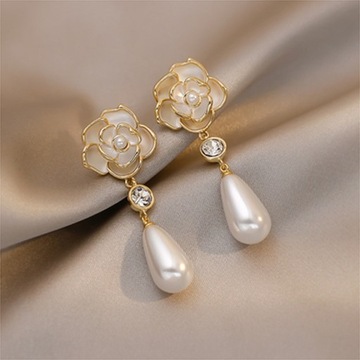 Kolczyki złote białe wiszące perły cyrkonie lekkie vintage sztyft kwiat róż