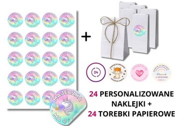 Zestaw 24 torebki papierowe + 24 naklejki personalizowane urodziny dzieci