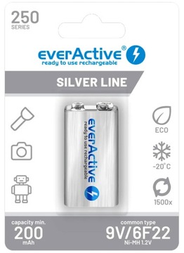 1x AKUMULATOREK BATERIA DO ŁADOWANIA EVERACTIVE 9V 6F22 Ni-MH 250mAh R2U