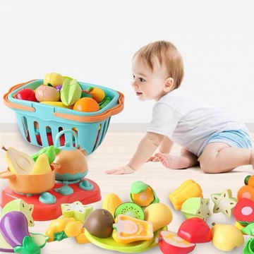 НАБОР КУХОННЫХ ИГРУШЕК ДЛЯ ДЕТЕЙ ФРУКТЫ ОВОЩИ С ПОСУДКОЙ И НОЖАМИ