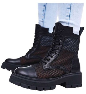 Glany damskie Ażurowe czarne militarne trapery 16769 39
