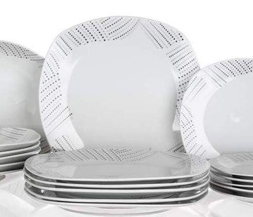 KOMPLET OBIADOWY 6 osób W kropki talerze BANQUET kwadratowe białe jadalnia