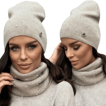 KOMPLET DAMSKI CZAPKA BEANIE KOMIN GOLF TUBA ZESTAW CIEPŁY ELEGANCKI KOLOR