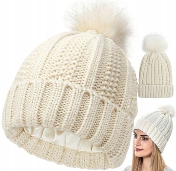 Czapka pompon ocieplana damska zimowa CIEPŁA Beanie Wywijana Dwuwarstwowa