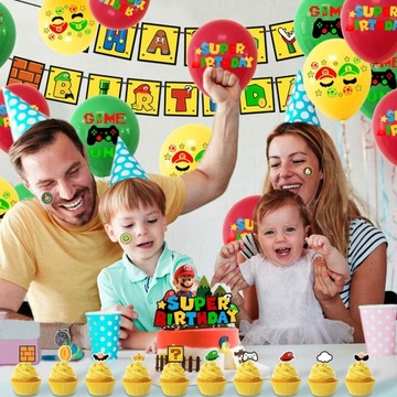 НАБОР УКРАШЕНИЙ НА ДЕНЬ РОЖДЕНИЯ СУПЕР МАРИО ШАРЫ, ТОППЕРЫ, ГИРЛАНДЫ, НАКЛЕЙКИ