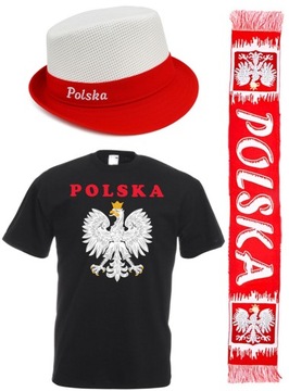 ZESTAW DLA KIBICA POLSKI KOSZULKA +SZALIK + CZAPKA GODŁO FLAGA