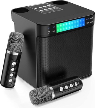 Karaoke Zestaw Bezprzewodowy Dwa Mikrofony Bluetooth LED