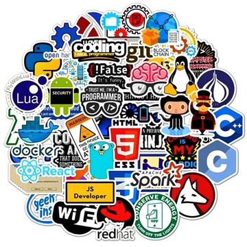 NAKLEJKI NA LAPTOP ROWER BIURKO KUBEK BIDON MIX REACT PRAGRAMISTA 50 szt