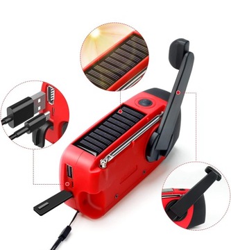 PRZENOŚNE RADIO SOLARNE Z KORBKĄ RĘCZNĄ, DYNAMO, AM/FM, AKUMULATOR 2000 MAH