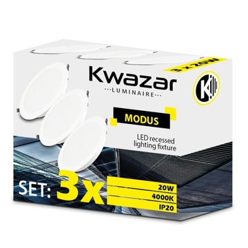 3 x PANEL LED OCZKO SUFITOWE DOWNLIGHT PLAFON PODTYNKOWY 20W 230V 4000K