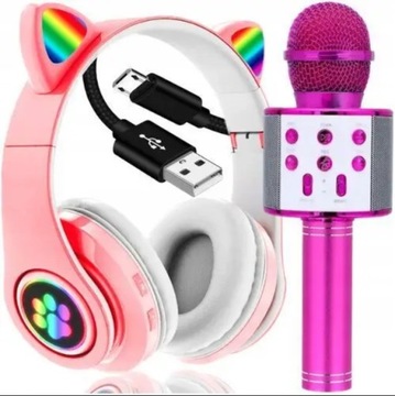 ZESTAW SŁUCHAWKI NAUSZNE DLA DZIECI KOCIE USZY + MIKROFON KARAOKE BLUETOOTH