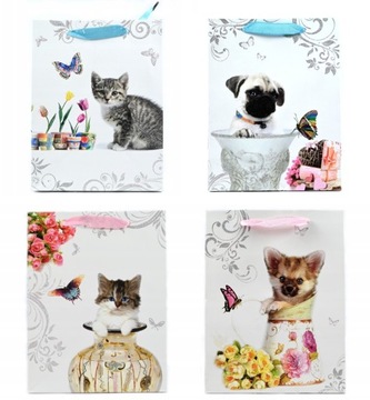 TOREBKA PREZENTOWA URODZINOWA OZDOBNA PSY KOTY 18x23CM ZESTAW 4SZT