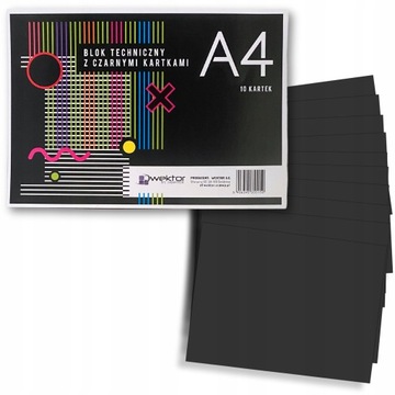 BLOK TECHNICZNY CZARNY PAPIER A4 SZKOLNY 10 KARTEK 160g/m2 DO RYSOWANIA