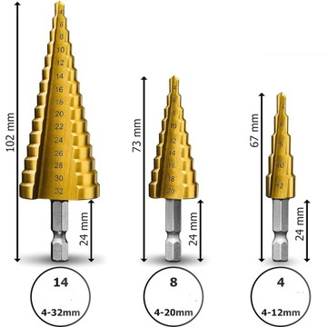 СТУПЕНЧАТЫЕ КОНИЧЕСКИЕ СВЕРЛА ДЛЯ МЕТАЛЛА, ДЕРЕВА, ПЛАСТИКА, НАБОР ЛИСТОВ 4-32 ММ