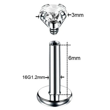 Piercing Labret de acero inoxidable 316L, 16G, hilo interno, cartílago de