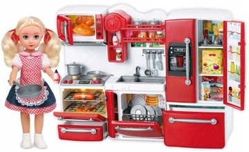 KUCHNIA DLA LALEK MEBLE DO DOMKU CZERWONA + LALKA