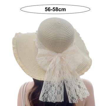 Women Straw Hat Lace Bow Faux Pearl Decor Beach Sun Hat Wide