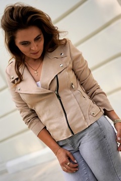 KURTKA RAMONESKA ZAMSZOWA SREBRNE ZAMKI BEŻOWA XXL