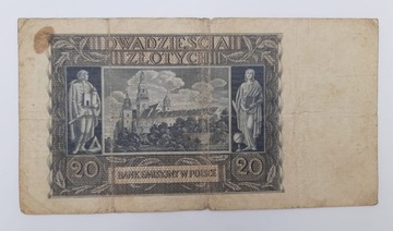 Старая коллекционная банкнота Польша 20 злотых 1940 года.