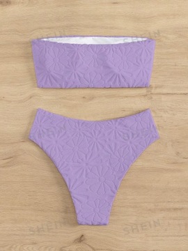 STRÓJ KĄPIELOWY BIKINI TEKSTUROWANY W KWIATY BANDEAU FIGI FIOLETOWY L 40