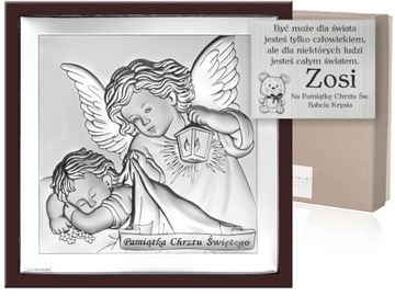 Srebrny Obrazek Chrzest Anioł Stróż Srebro Grawer