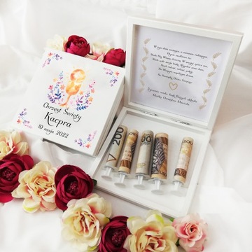 PAMIĄTKA CHRZTU ŚWIĘTEGO PUDEŁKO DREWNIANE NA PIENIĄDZE PREZENT CHRZEST