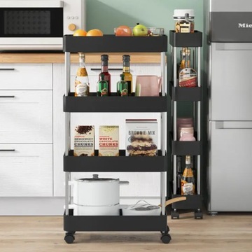 МОБИЛЬНАЯ ПОЛКА НА КОЛЕСАХ КУХОННАЯ ТЕЛЕЖКА 4 ПОЛКИ ЧЕРНАЯ ДЛЯ КУХНИ 34,5х12х86
