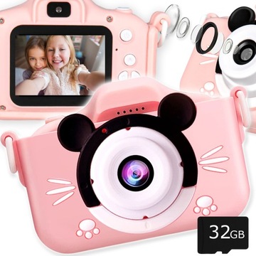 Cyfrowy Aparat dla dzieci fotograficzny + karta 32Gb różowy,smycz,kabel USB