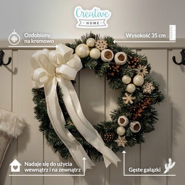 Wieniec wianek stroik świąteczny dekorowany kremowy drzwi stół ścianę 35cm