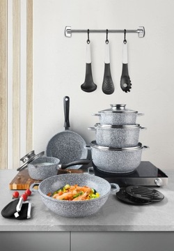 KOMPLET GARNKI CERAMICZNO-MARMURKOWE ZILNER SZARE NALEWKI PODSTAWKI 15-CZ