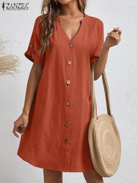 ZANZEA Elegant Women V Neck Short Sleeve Sundress