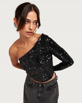 Only NG5 ucf czarny crop top asymetria cekiny welur zdobienie L